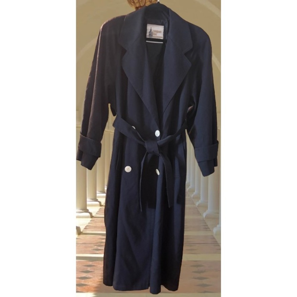 London Fog Vintage Black Trench Coat Double Breasted Belt Petite 12 Made in USA